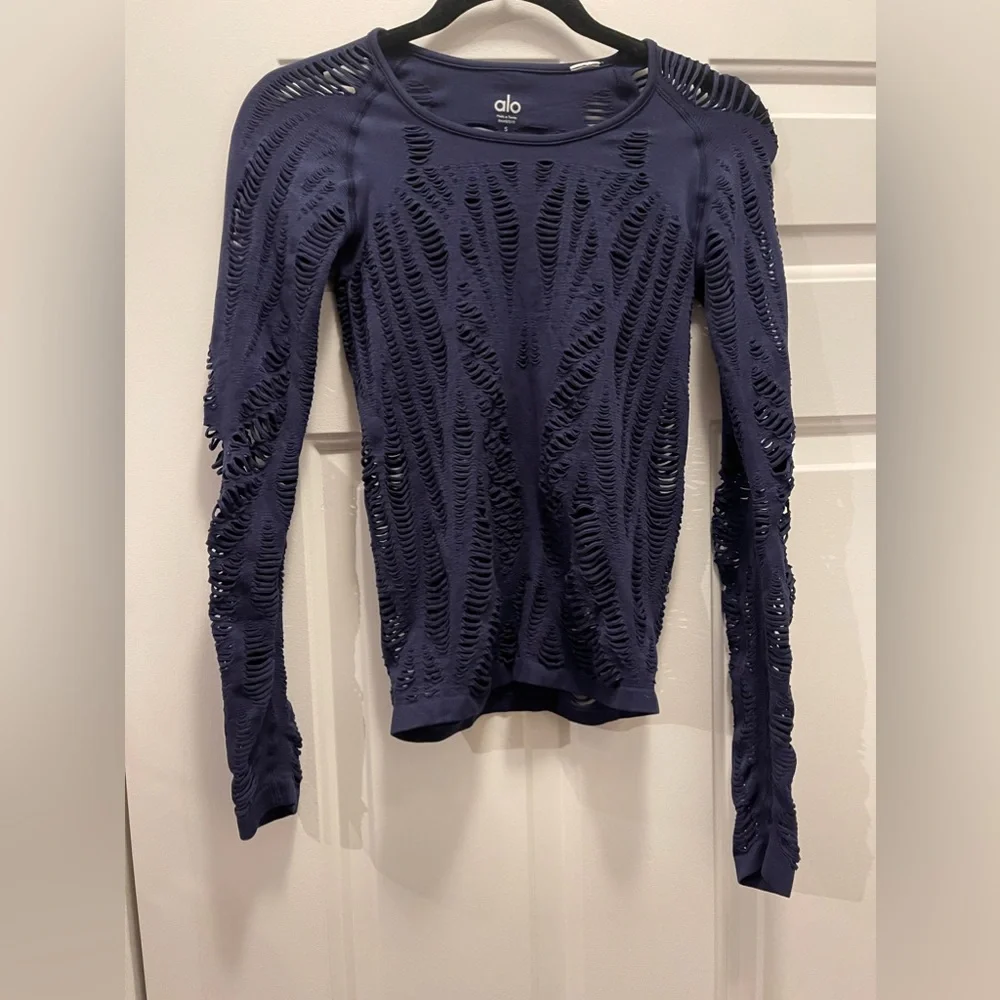 ALO Yoga Navy Blue Long Sleeve Laser-Cut Top